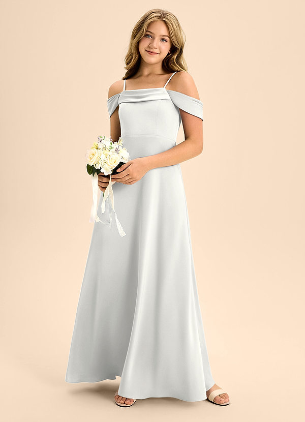 Azazie Anselie Junior White A-Line Off the Shoulder Stretch Satin Dress image1