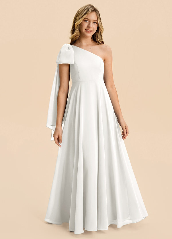 Azazie Averie Junior White A-Line Pleated Chiffon Dress image1