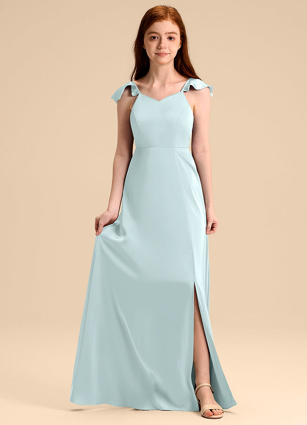 Azazie Everett Junior Abito A-Line in Raso Elasticizzato Fiocco Sea Glass image1