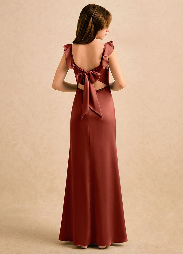 Azazie Novalie Girls Formal Robes de cortège enfant Robe Sirène en Satin extensible Arc Terracotta image1