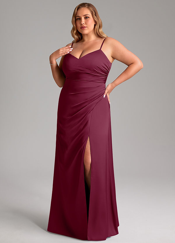 Azazie Azuree Bridesmaid Dresses Mulberry A-Line Pleated Stretch Satin Dress image1