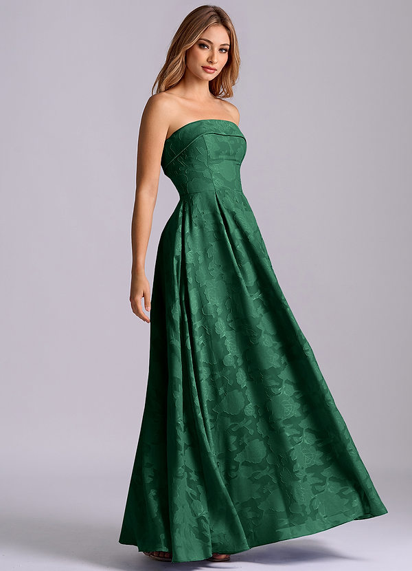 Azazie Lucienne Bridesmaid Dresses Dark Green A-Line Strapless Floral Burnout Dress image1