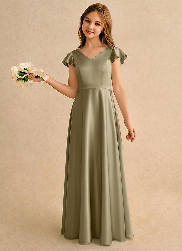 Azazie Nari Girls Formal Blomsterpigekjoler A-Line med ærmer Stræk satin Gulv-længde Kjole image1