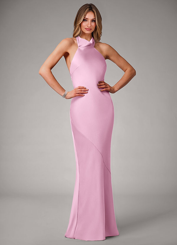 Azazie Velli Bridesmaid Dresses Candy Pink Mermaid High Neck Stretch Satin Dress image1