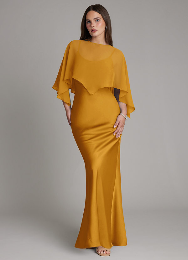 Azazie Ambra Bridesmaid Dresses Butterscotch Mermaid Pleated Stretch Satin Dress image1