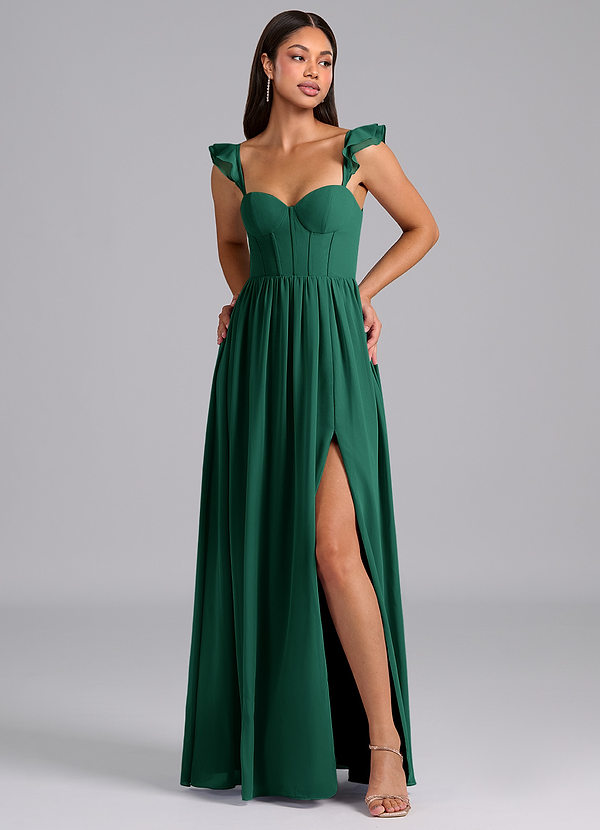 Azazie Denisse Bridesmaid Dresses Emerald A-Line Ruched Chiffon Dress image1
