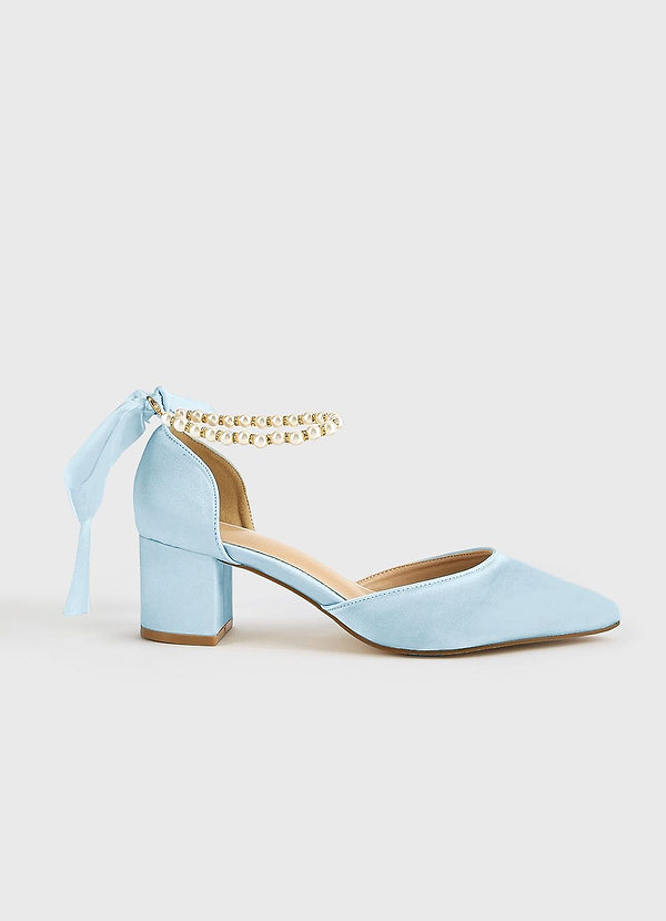 front Matching Color Matte Satin Pearl and Bow Pointed Toe Block Heels