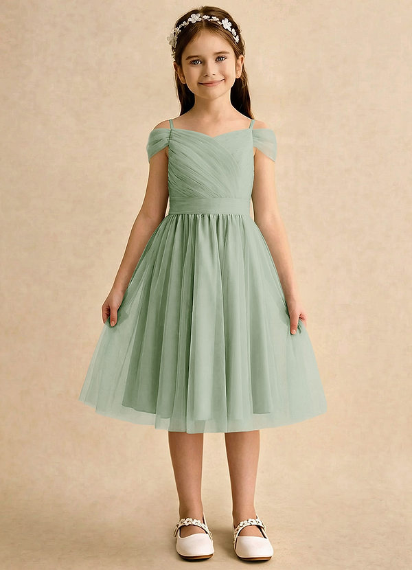 Azazie Lila Girls Formal Sukienki dla dziewczynek sypiących kwiaty Linia A Zza ramienia Tiul Długość do kolan Sukienka image1