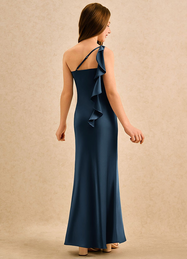 Azazie Almond Girls Formal Bloemenmeisjesjurken Kokerjurk Jurk van Stretch Satijn One-shoulder Donkere Marine image1