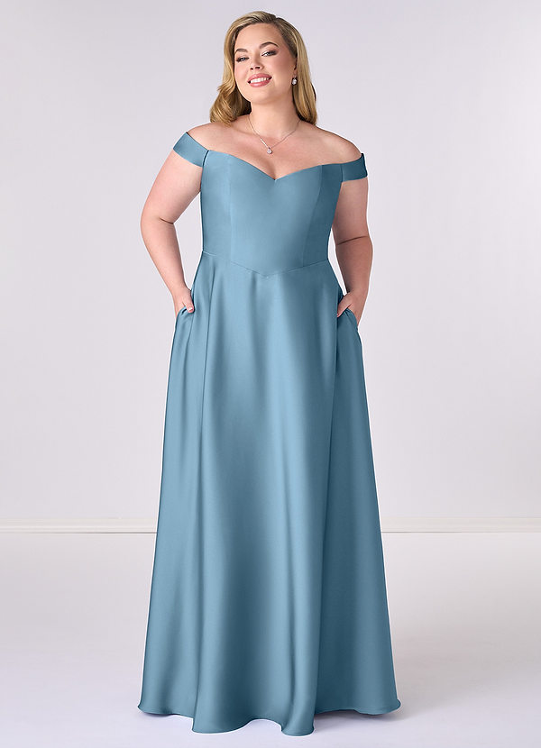 Barbie ♥ Azazie Brautjungfernkleider Wandelbar A-Linie Schulterfrei Stretch-Satin Kleid Stahlblau image1