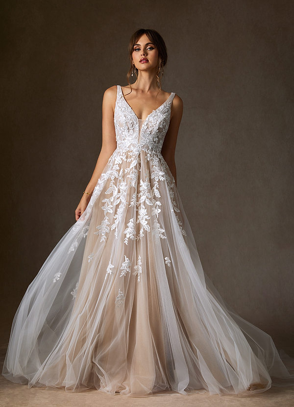 Azazie Sorella Wedding Dresses Diamond White Nude A-Line V-Neck Sequins Tulle Dress image1