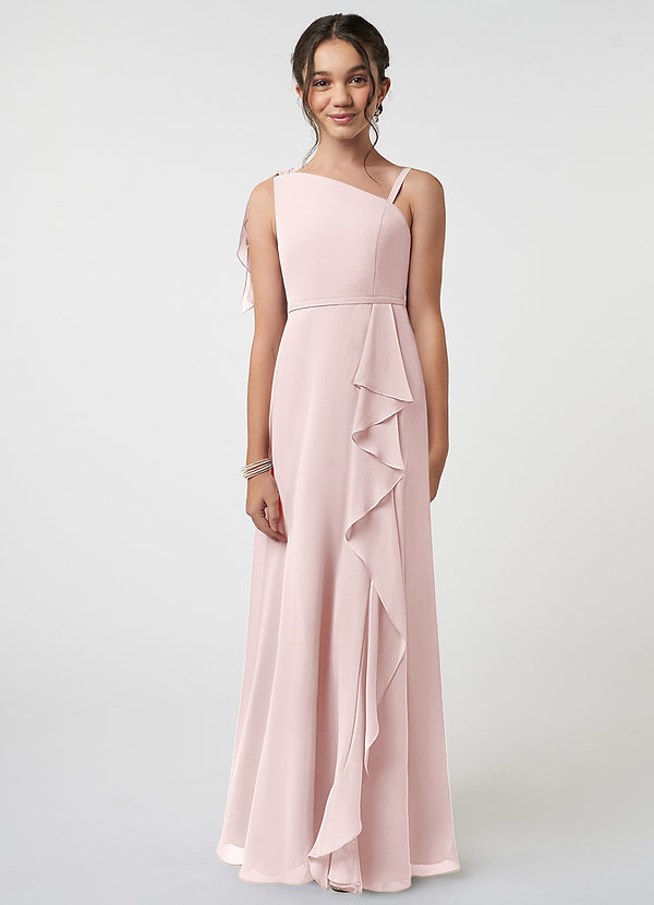 Azazie Aidy Junior Blushing Pink A-Line Bow Chiffon Dress image1