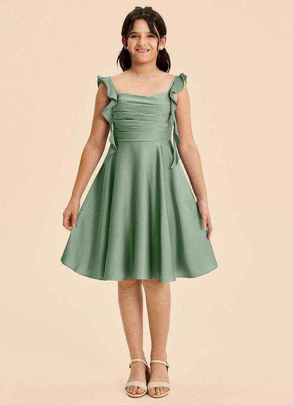 Azazie Kira Junior Matcha A-Line Ruched Stretch Satin Dress image1
