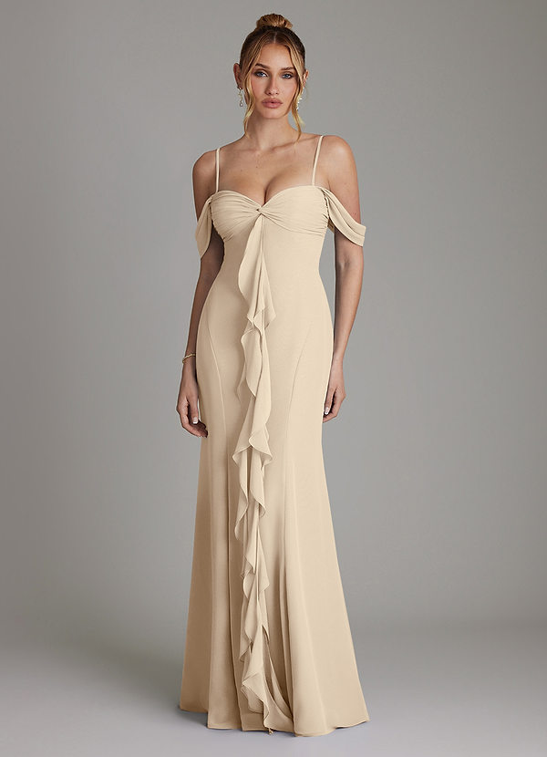 Azazie Karmela Bridesmaid Dresses Champagne A-Line Off the Shoulder Chiffon Dress image1
