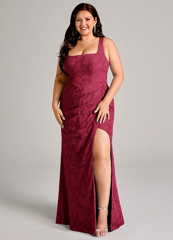 Azazie Mero Bridesmaid Dresses Burgundy Sheath Pleated Floral Burnout Dress image1