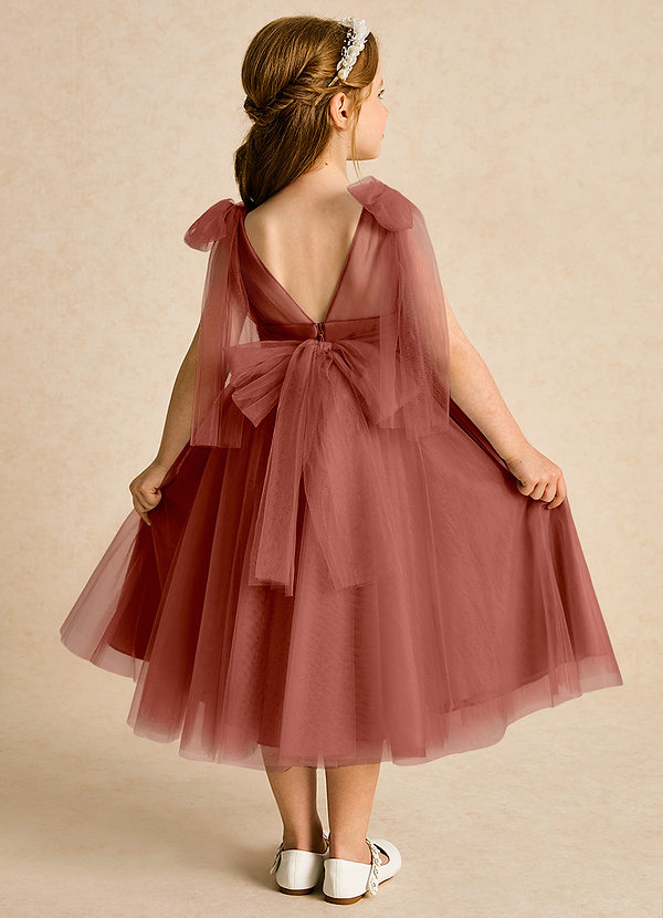 Azazie Dori Robes de Fillette d'Honneur Robe Trapèze en Tulle Rayé Auburn image1