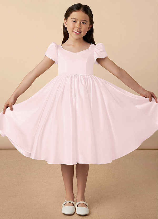 Azazie Juno Flower Girl Dresses Blushing Pink A-Line Sweetheart Neckline Matte Satin Dress image1