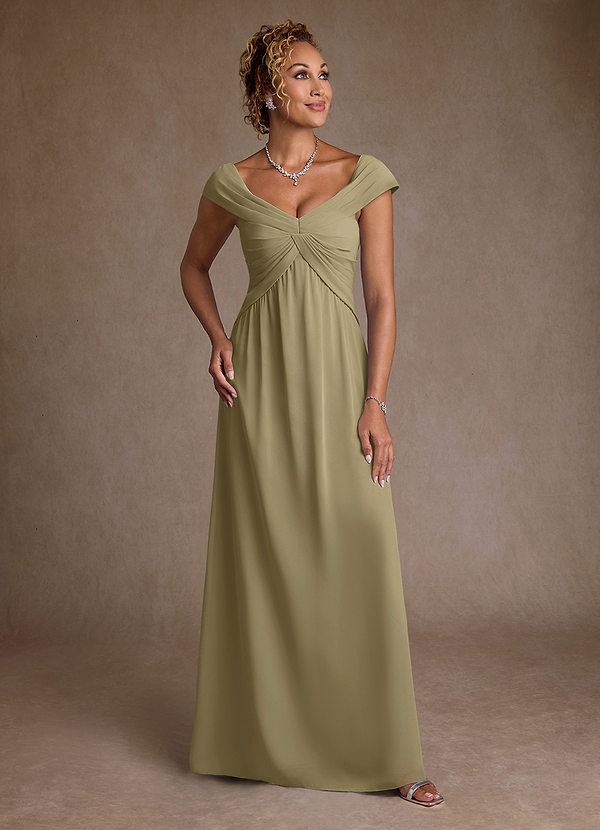 Azazie Myrtle Vestidos de Madre de la Novia Vestido de Musgo Verde de Gasa de Corte en A con Plisado image1