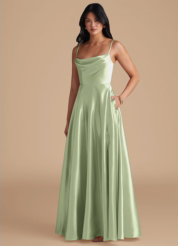 Azazie Elle Bridesmaid Dresses Dusty Sage A-Line with Pockets Metallic Satin Dress image1