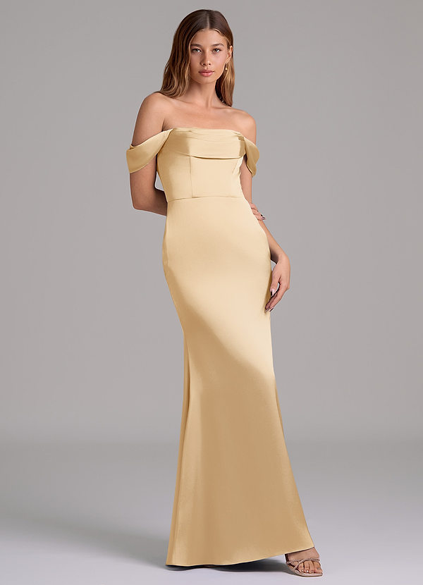 Azazie Miley 신부 들러리 드레스 인어 오프 더 숄더 스트레치 새틴 바닥 길이 드레스 image1