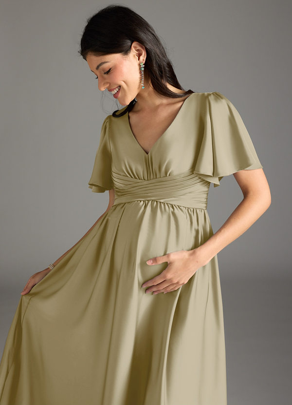 Azazie Verna Gravid brudtärna Klänningar Klänning A-Line Ruched Golvlängd Stretch Satin image1