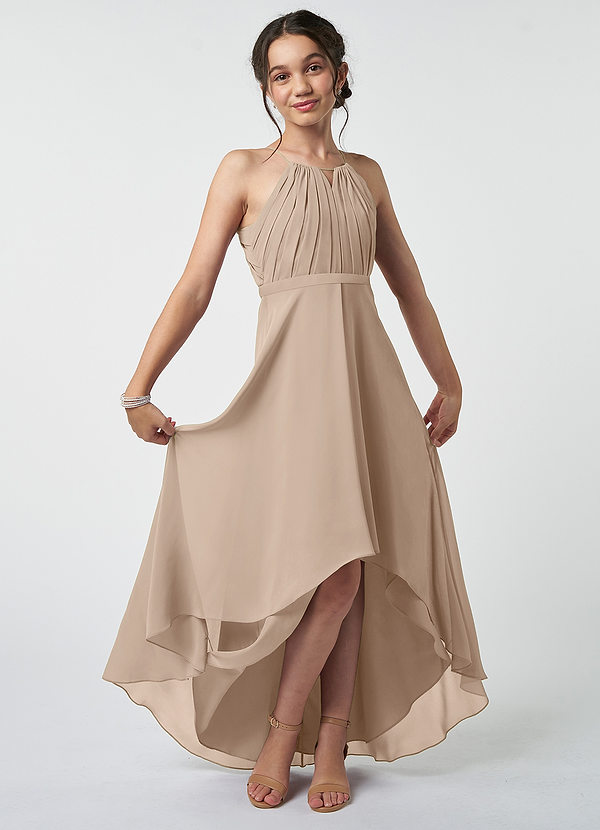 Azazie Oaklynn Junior Taupe A-Line Pleated Chiffon Dress image1