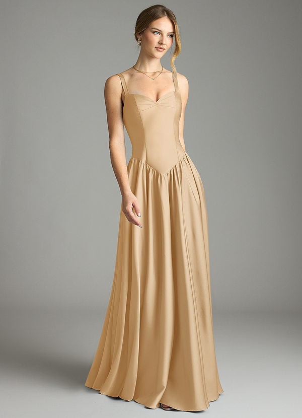 Azazie Evadina Vestidos Dama de Honor Vestido de Oro de Satén Elástico de Corte en A con Corsé image1