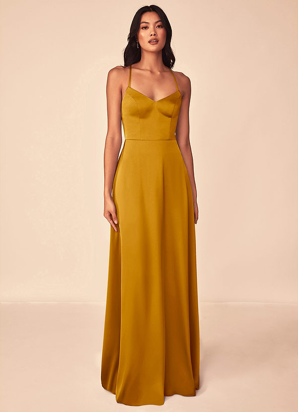 Azazie Mei Bridesmaid Dresses Butterscotch A-Line V-Neck Stretch Satin Dress image1