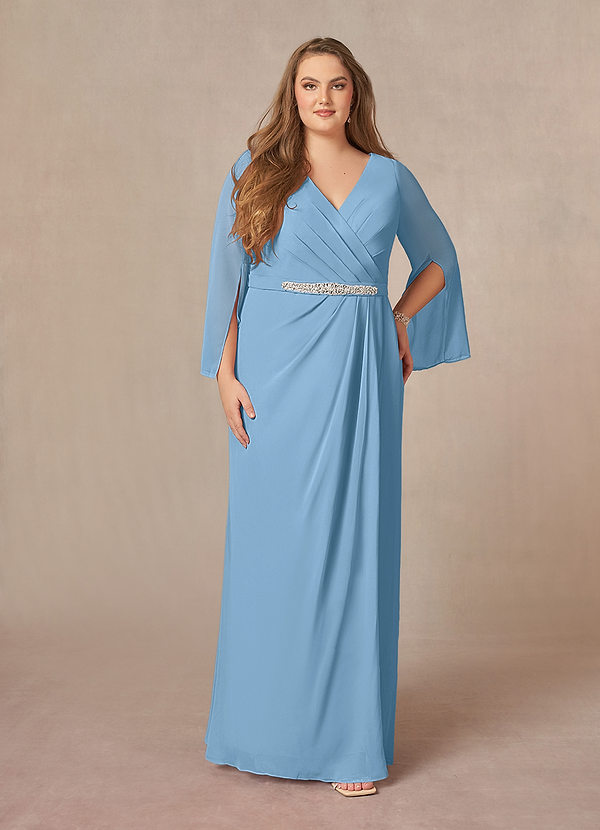 Azazie Belinda Robe Mère de la Mariée & du Marié Robe Trapèze en Mousseline de soie Col V plissé Acier Bleuté image1