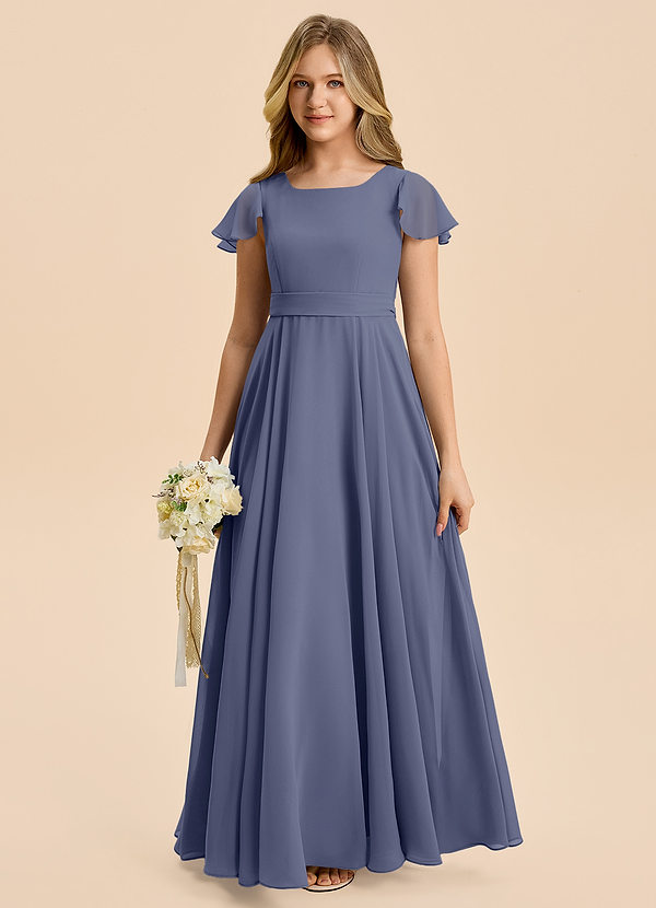 Azazie Cady Junior Abito A-Line in Chiffon Plissettato Stormy image1