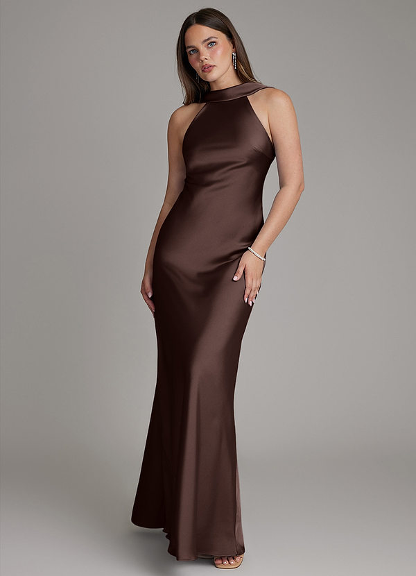 Azazie Dimitra Bridesmaid Dresses Ganache A-Line Pleated Stretch Satin Dress image1