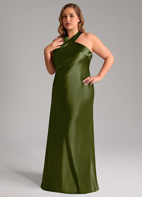 Azazie Doretta Bridesmaid Dresses Olive Mermaid Bow Metallic Satin Dress image1