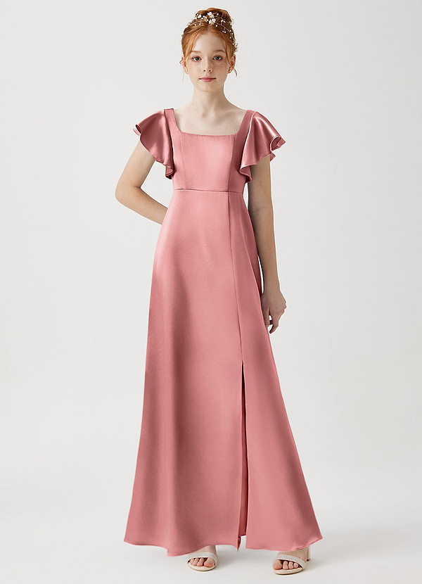 Azazie Bondi Junior Rosette A-Line Side Slit Metallic Satin Dress image1