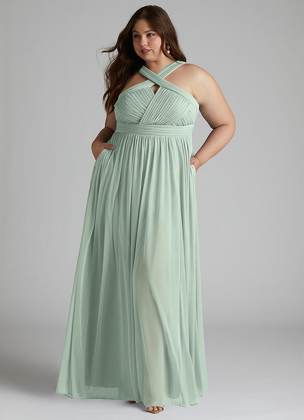 Azazie Hillian Bridesmaid Dresses Agave A-Line Halter Pleated Mesh Dress image1