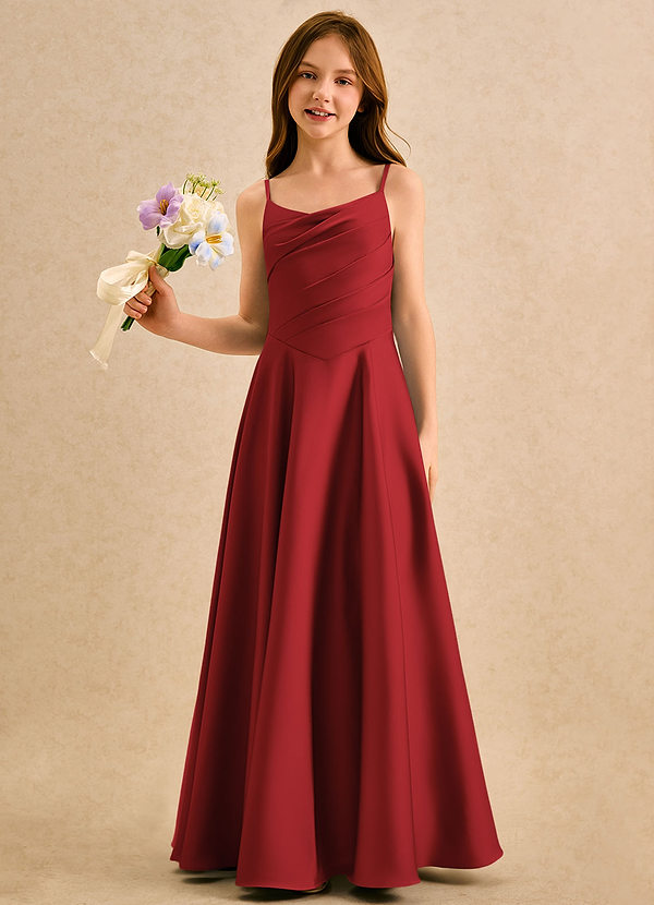 Azazie Coconut Girls Formal Blumenkinder Kleider A-Linie Plissee Stretch-Satin Kleid Granatapfelrot image1