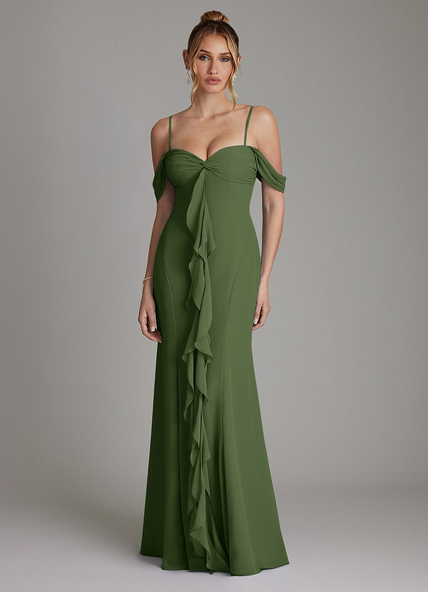 Azazie Karmela Bridesmaid Dresses Olive A-Line Off the Shoulder Chiffon Dress image1