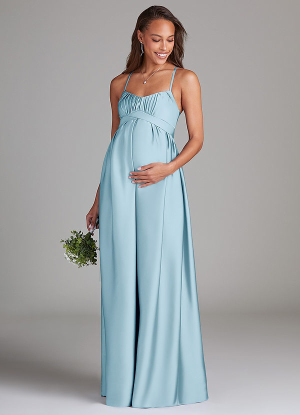 Azazie Llana Maternity Bridesmaid Dresses A-Line Stretch Satin Floor-Length Dress with Pockets image1