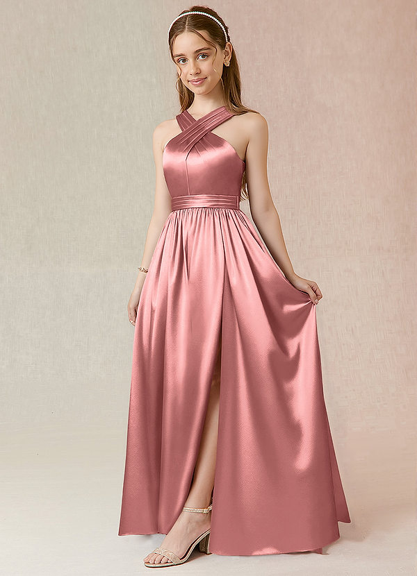 Azazie Jiya Junior Rosette A-Line Pleated Metallic Satin Dress image1