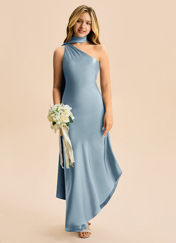 Azazie Briony Junior Vestido Azul Empoeirado de Cetim elástico de Bainha com Plissado image1