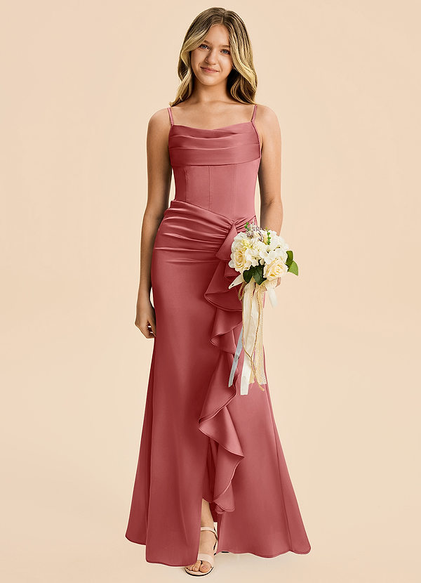 Azazie Rosalia Junior Antique Rose Sheath Pleated Stretch Satin Dress image1