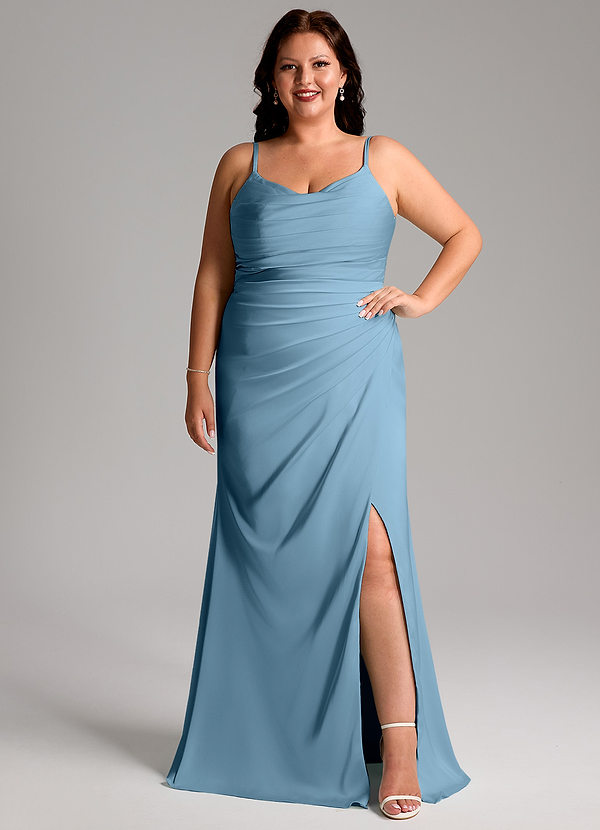 Azazie Deandra Bridesmaid Dresses Steel Blue Mermaid Pleated Stretch Satin Dress image1