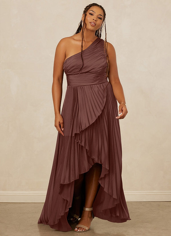 Christian Siriano Bridal for Azazie 1008 Bridesmaid Dresses Espresso A-Line One Shoulder Stretch Satin Dress image1