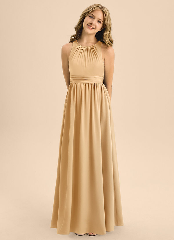 Azazie Jaylah Junior Gold A-Line Pleated Stretch Satin Dress image1