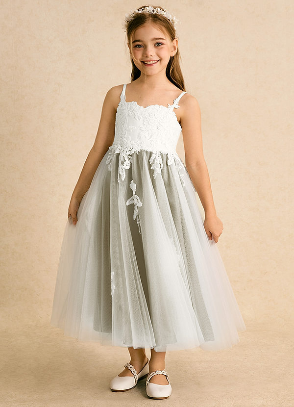 Azazie Coraline Flower Girl Dresses Ivory Moss Green A-Line Lace Dress image1