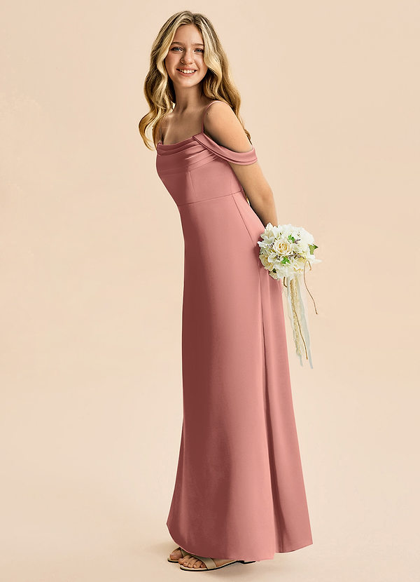 Azazie Lettie Junior A-linja Olkapään ulkopuolella Joustava satiini Lattian pituus Nuorempi morsiusneito Pukeutua image1