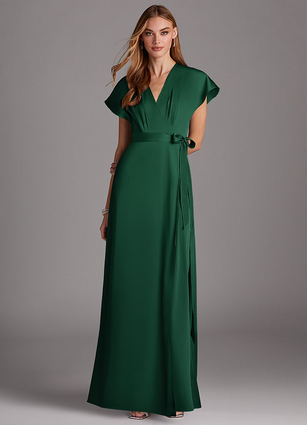 Azazie Nico Bridesmaid Dresses Dark Green A-Line V-Neck Stretch Satin Dress image1