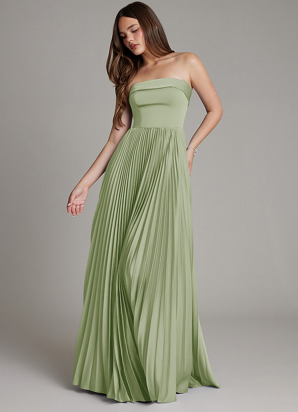 Azazie Mariana Bridesmaid Dresses Dusty Sage A-Line Pleated Stretch Satin Dress image1
