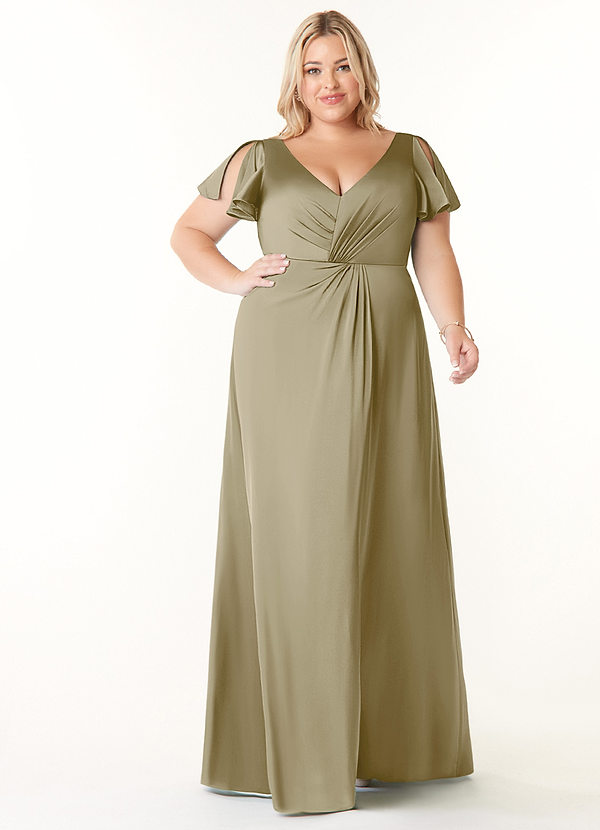 Azazie Soren Bridesmaid Dresses Moss Green A-Line Pleated Stretch Satin Dress image1
