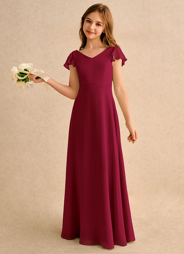 Azazie Nari Junior Formal Flower Girl Dresses Burgundy A-Line with Sleeves Chiffon Dress image1