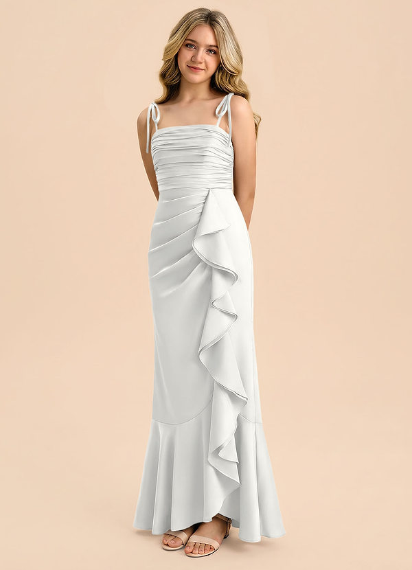 Azazie Ryan Junior White Sheath Bow Stretch Satin Dress image1